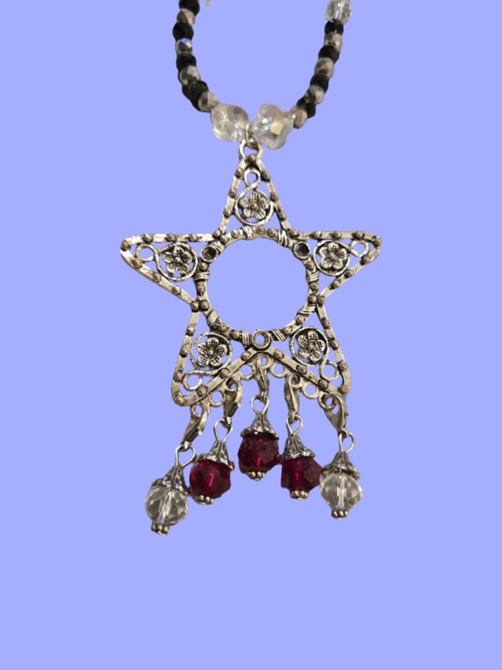 Five Point Star Long Necklace Black/Crystal beaded. 28 in.